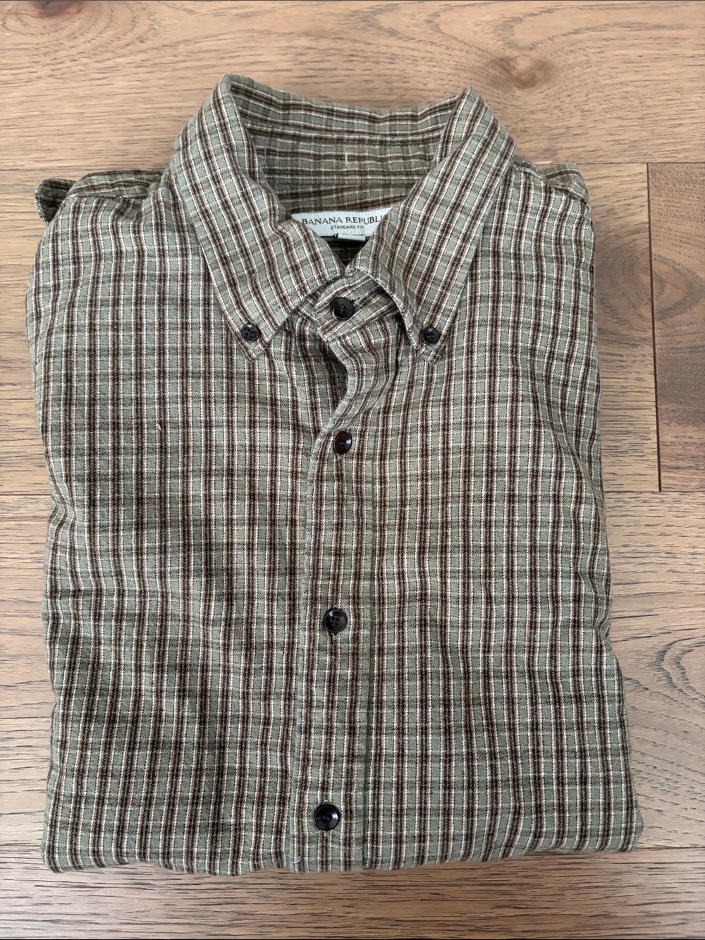 Banana Republic Men's Plaid Button-Down Shirt in Brown and Olive
